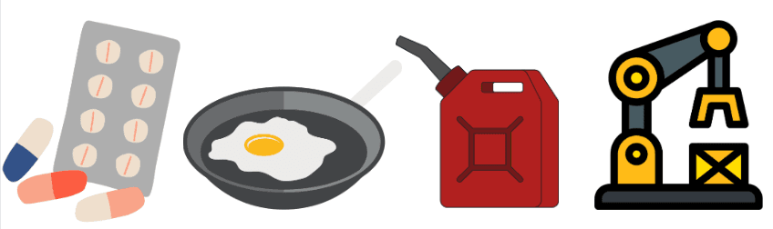 Illustratie van toepassingen van chemische reacties zoals koken, medicijnen en verbranding